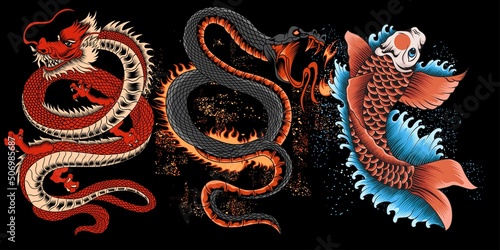 collection of dragon, snake fire, and koi fish illustration