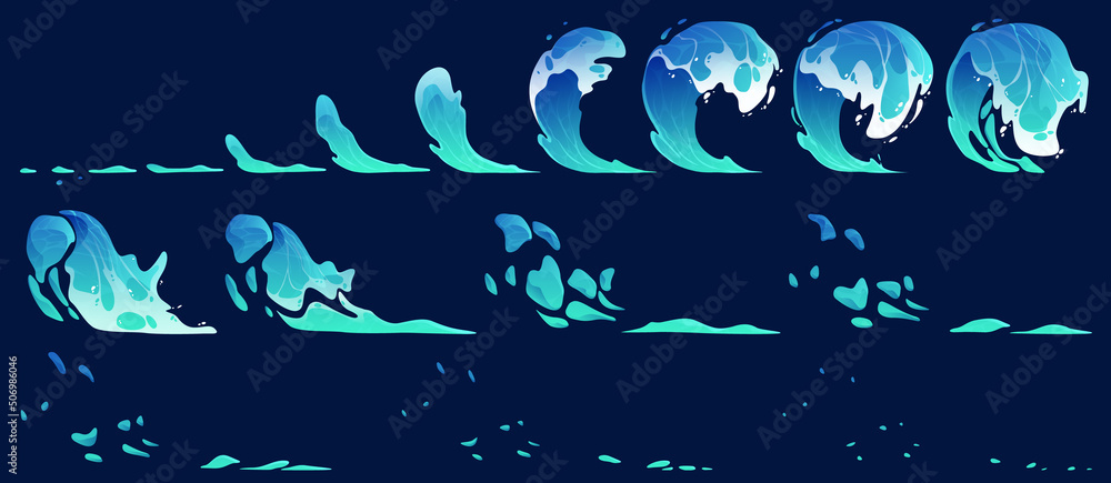 Water splash vfx animation sprite sheet. Stages of aqua splashing motion design elements, sequence frame. Cartoon blue ocean or sea stream with drops and splatters, fx storyboard Vector illustration - obrazy, fototapety, plakaty 