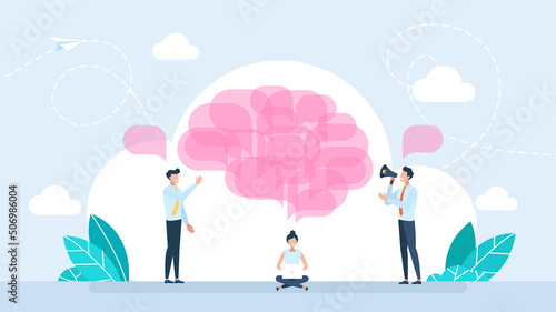 The brain is made up of other people's thoughts. Influence of views on the formation of thinking. Thinking and opinion of internal voice. Seeking answer. Flat style. Vector illustration