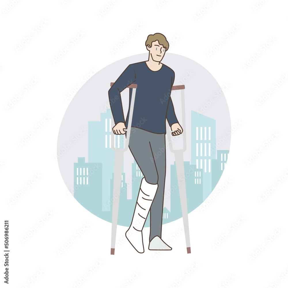 Fototapeta premium People with a disability. Broken leg and wearing a cast. Hand draw style. Vector illustration.