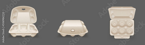 Carton egg tray, blank box package mock up. Vector realistic mockup of 3d empty open and closed cardboard container for half dozen chicken eggs isolated on transparent background