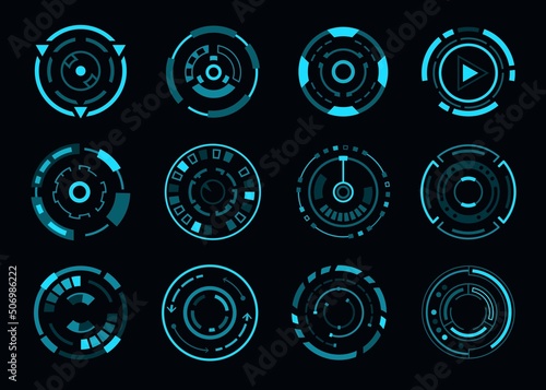 HUD futuristic aim control, target or navigation interface, vector dashboard dials. HUD target aim or sniper crosshair and radars or shot scopes, blue neon navigation control and dashboard buttons