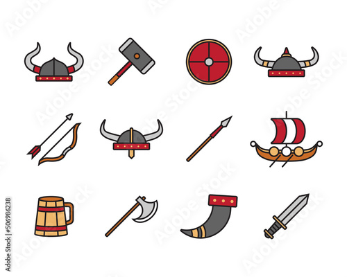 set of viking icons design. collection of simple barbarian culture illustration.