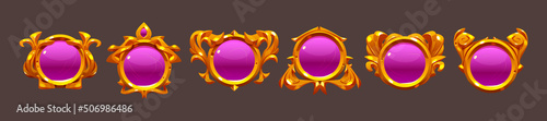Pink game achievement badges, circle buttons with golden frames. Vector cartoon set of round award labels with gold border in medieval style isolated on background