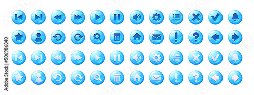 Circle buttons with blue jelly texture and icons for game menu or website. Vector cartoon set of ui elements from water with bubbles, glossy web icons isolated on white background