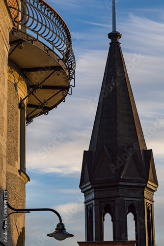 Stockholm, Sweden A classic balcony and tower at Maria Hissen on Sodermalm. photo