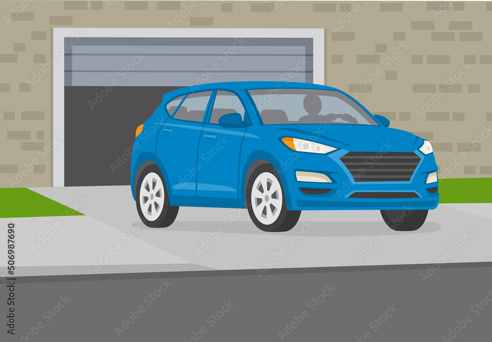 Driving a car. Perspective front view of a blue suv car leaving the garage. Car on driveway. Flat vector illustration template. Driving a car. Perspective front view of a blue suv car leaving the garage. Car on driveway. Flat vector illustration template.