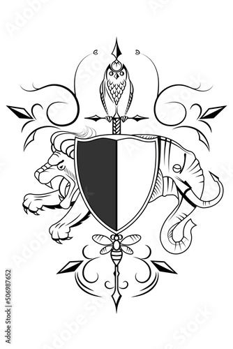 Black white coat of arms with a lion, an elephant, an owl, a bee and a shield.