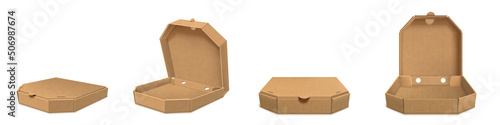 Brown cardboard pizza box 3d realistic vector. Open empty and closed carton package for delivery fast food, top side view isolated mockup illustration on white background