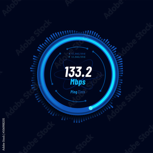 Futuristic internet speed meter dial, network connection fast test, vector website speedometer. Interned high speed download meter or web server mbps upload and ping gauge with blue neon glow