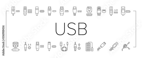 Usb Cable And Port Purchases Icons Set Vector