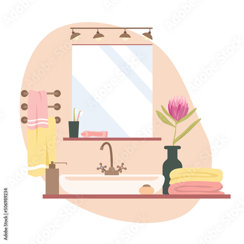 Modern stylish sink table and mirror. Cozy bathroom interiour details, care accessories and room furniture, shower towels and plant decor, ceramic washbasin vector illustration