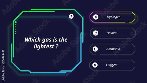 Quiz questions and test menu choice of TV show game, vector neon template. Quiz game question and answer options frames of intellectual challenge contest for TV screen layout