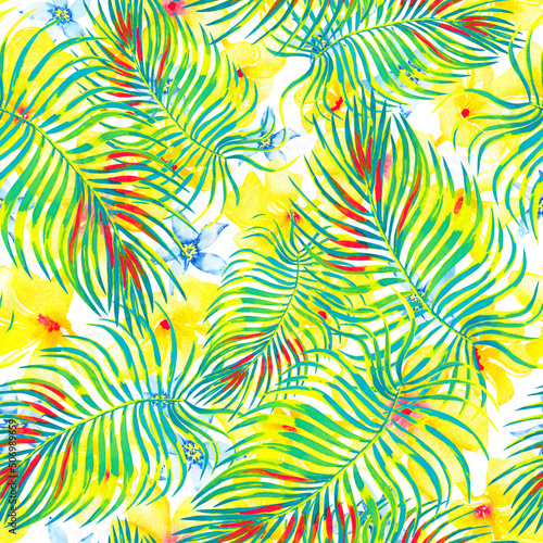 Watercolor palm leaves and exotic flowers seamless tropical pattern
