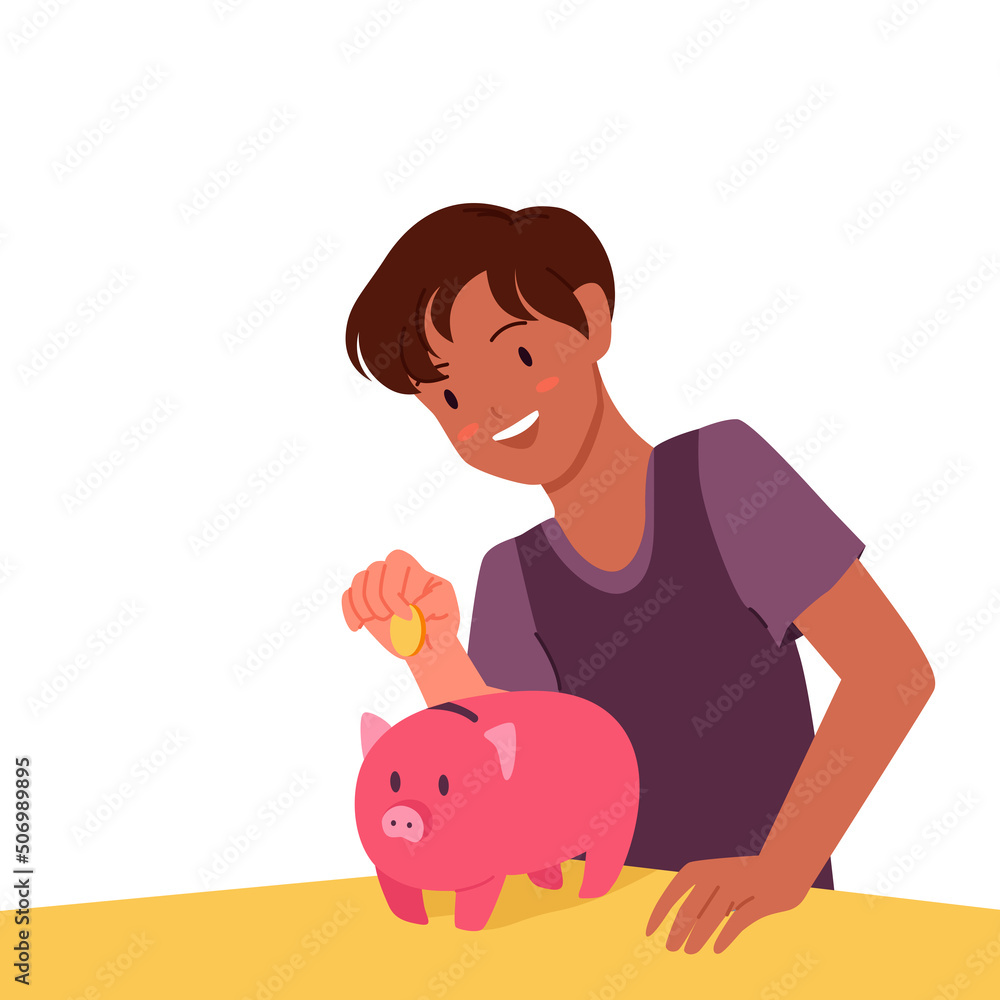 Boy putting coin to piggy bank vector illustration. Cartoon smiling  teenager saving money in pig moneybox for gifts, holding coin in hand  isolated on white. Financial literacy, thrift concept Stock Vector |
