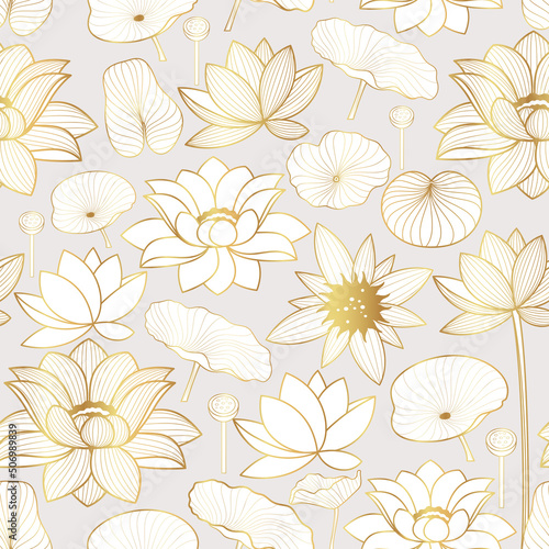 Seamless vector pattern with golden lotus flowers on a light gray background
