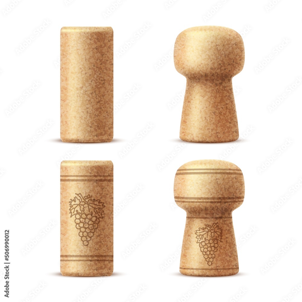Realistic bottle corks, wine stopper caps. Isolated vector corkscrew wooden corks from champagne or natural colmated corks, conical, twin-top or agglomerated and bar-top synthetic wine stoppers