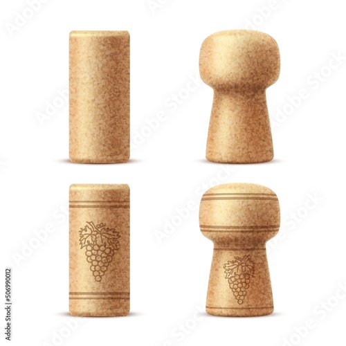 Realistic bottle corks, wine stopper caps. Isolated vector corkscrew wooden corks from champagne or natural colmated corks, conical, twin-top or agglomerated and bar-top synthetic wine stoppers photo