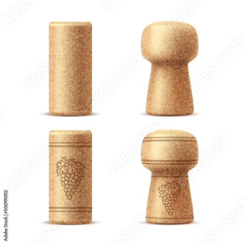 Realistic bottle corks, wine stopper caps. Isolated vector corkscrew wooden corks from champagne or natural colmated corks, conical, twin-top or agglomerated and bar-top synthetic wine stoppers