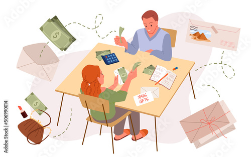 People planning family budget. Cartoon man and woman sitting at table with calculator, money and paper envelopes to calculate and control expenses flat vector illustration. Finance, analysis concept