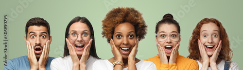 Banner of diverse shocked people with wow and surprise face expression