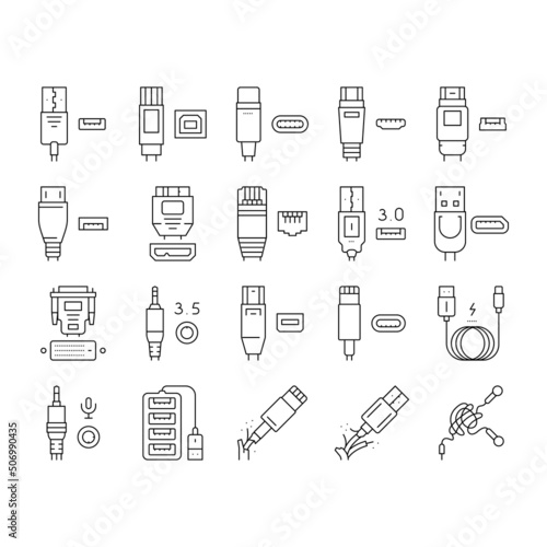 Usb Cable And Port Purchases Icons Set Vector