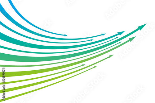 緑と水色のグラデーションの右上向きのカーブした矢印のイラスト/白背景