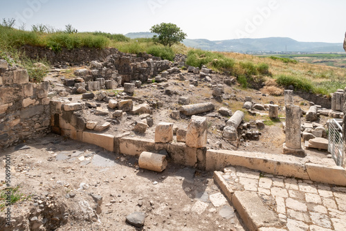 The ruins of a 4th century AD synagogue located near on Mount Arbel, located on the coast of Lake Kinneret - the Sea of Galilee, near the city of Tiberias, in northern Israel