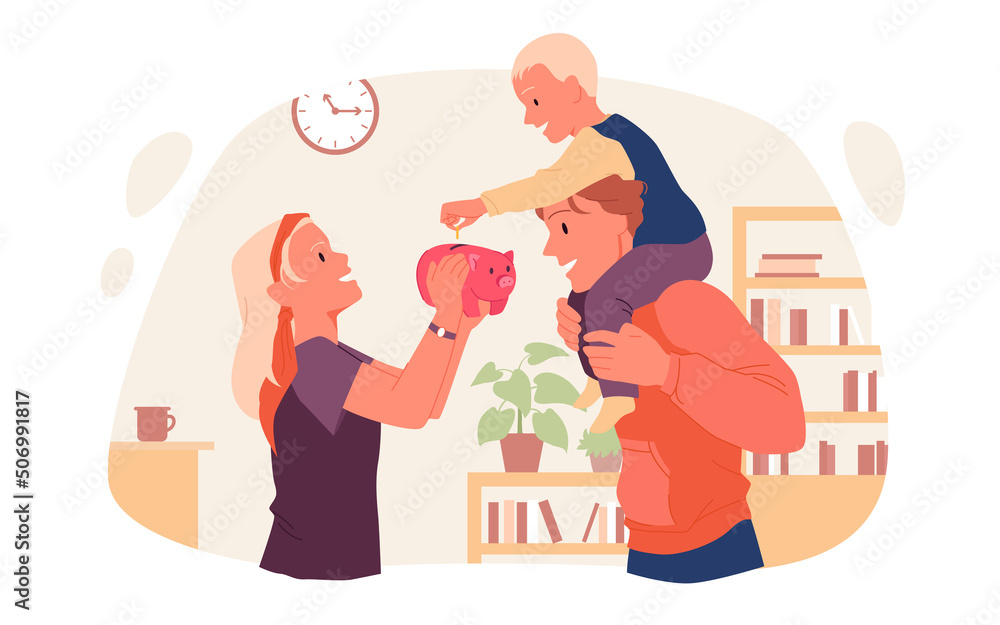 Family people teach kid to save money. Cartoon mother holding piggy bank in hands, son sitting on fathers shoulders, child putting coin in pink toy pig in home interior flat vector illustration Family people teach kid to save money. Cartoon mother holding piggy bank in hands, son sitting on fathers shoulders, child putting coin in pink toy pig in home interior flat vector illustration