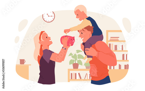 Family people teach kid to save money. Cartoon mother holding piggy bank in hands, son sitting on fathers shoulders, child putting coin in pink toy pig in home interior flat vector illustration