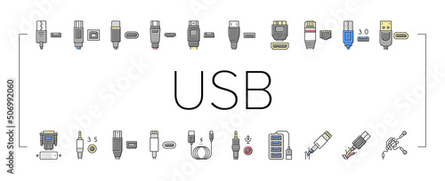 Usb Cable And Port Purchases Icons Set Vector