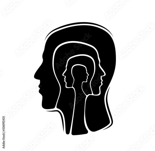 Disease ailment, psychology head mind and mental health vector concept . Psychologist therapy of brain and bipolar disorder, human face profile silhouette for psychiatry anxiety and mood balance