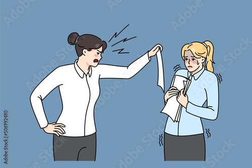 Furious businesswoman show document scream at female employee for mistake or error. Angry woman boss show power shout at scared subordinate. Psychological pressure. Vector illustration. 