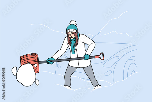 Unhappy tired woman with shovel dig out car from snow on winter morning. Mad female clean automobile covered with snow after blizzard. Stormy weather condition. Vector illustration. 