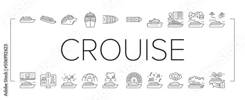 Cruise Ship Vacation Enjoyment Icons Set Vector