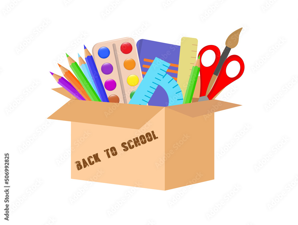 School stuff in cardboard box. Vector cartoon illustration with education equipment, notebooks, brush, ruler, pencils and pen