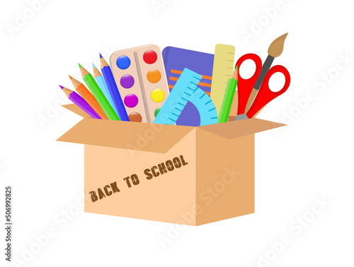 Obraz na płótnie School stuff in cardboard box. Vector cartoon illustration with education equipment, notebooks, brush, ruler, pencils and pen w salonie