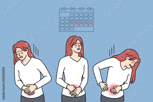Unhealthy woman suffer from painful menstruation. Unwell female struggle with stomach ache during periods, need painkiller. Feminine health concept. Vector illustration. 
