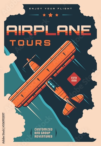 Airplane travel tours vintage poster with vector retro plane, biplane or monoplane flying in sky with clouds. Old fixed wing aircraft or classic propeller engine show, air travel or aviation adventure