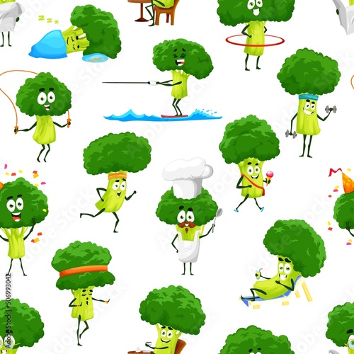 Cartoon broccoli vegetable characters seamless pattern, vector background. Funny broccoli in sport fitness and on vacations with hula hoop and gym barbell, celebrating or sleeping and cooking
