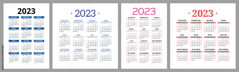 Calendar 2023 year set. Vector template collection. Ready design. Week Calendar 2023 year set. Vector template collection. Ready design. Week