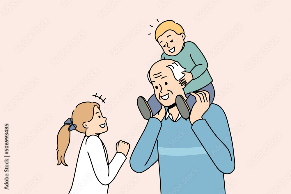 Happy mature grey-haired grandfather playing with small grandchildren. Loving grandpa have fun enjoy playful activity or game with little grandkids. Family bond. Vector illustration. Happy mature grey-haired grandfather playing with small grandchildren. Loving grandpa have fun enjoy playful activity or game with little grandkids. Family bond. Vector illustration.
