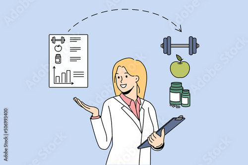 Female nutritionist recommend healthy eating and doing sports for good health and shape. Smiling woman dietician create diet plan for client. Weight loss and wellness. Vector illustration. 