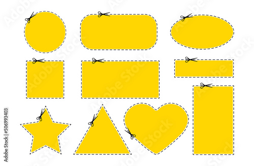 Scrissors cut coupon dotted line with dash icon set. Shear crop yellow round circle, sqaure, star, heart and rectangle shape coupon for gift code along the guide line border. Vector flat illustation.