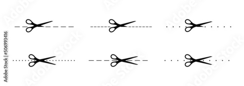 Photo Scrissors cut along a dotted line mark icon set
