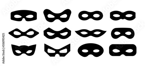 Mask superhero carnival or scammer villain vector icon set. Black masquerade costume eye mask silhouette hidden burgar face. Simple design incognito theatre party masque shape clip art illustration.