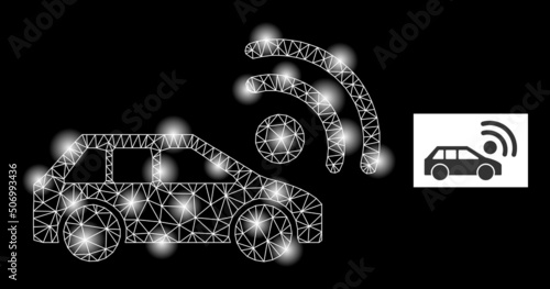 Glowing mesh car radar constellation icon with lightspots. Illuminated vector constellation based on car radar icon. Sparkle carcass polygonal car radar on a black background.