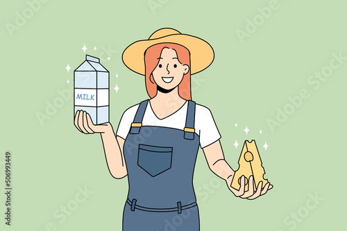 Smiling female farmer holding cheese and milk offer natural products. Happy milkmaid produce organic dairy goods on farm. Healthy food and nutrition. Vector illustration. 