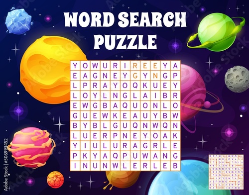 Cartoon galaxy space planets, word search puzzle game worksheet, vector kids quiz. Riddle grid game to search and find words with colors of fantastic galaxy planets in cosmic universe
