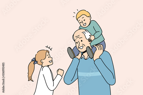 Happy mature grey-haired grandfather playing with small grandchildren. Loving grandpa have fun enjoy playful activity or game with little grandkids. Family bond. Vector illustration. 